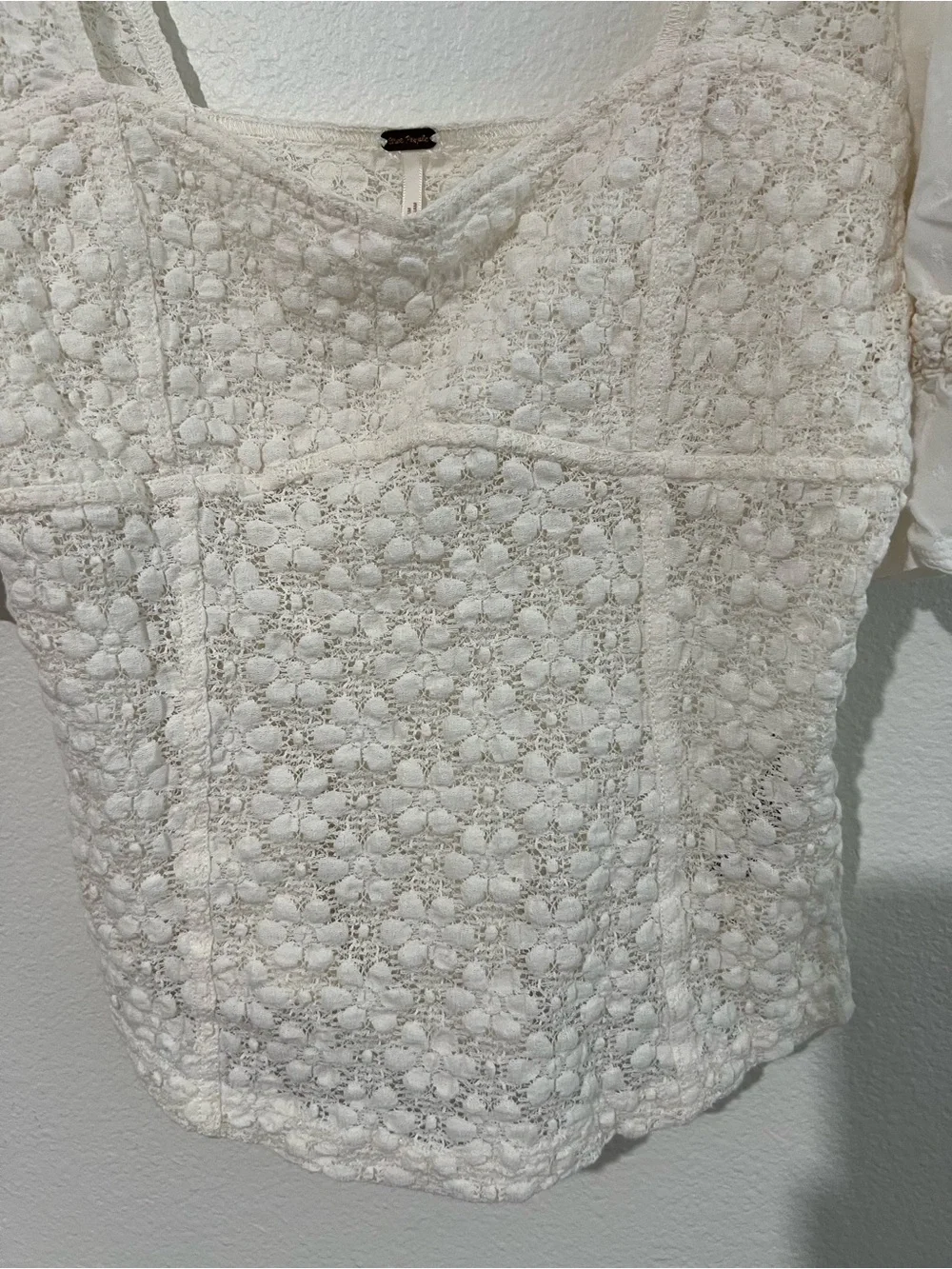 Free People Ivory Lace Square-Neck Puff Sleeve Top